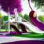 Placeholder: Perspectiva completa Parque infantil juegos columpios tobogán estilo Zaha Hadid obra de arte digital detallada color blanco crema y violeta rojo imperial impactante árboles verde profundo niños personas foto realista arte Bauhoaus iluminación cinematografica 4k