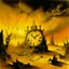 Placeholder: A yellow glowing ruins with clocks in a thunderstorm painted by Salvador Dali