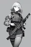 Placeholder: military girl takes out gun, greyscale