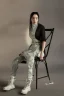 Placeholder: Billie Eilish, sitting on a chair, Black Short Dress, high detail, realistic