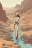 Placeholder: create a surreal, enigmatic, otherworldly, nomadic shepherdess inhabiting an ethereal desert canyon land in the comic book style of Jean Giraud Moebius, David Hoskins, and Enki Bilal, precisely drawn, inked, and colored