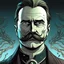 Placeholder: Futuristic, cyberpunk implants, Friedrich Nietzsche, Friedrich Nietzsche mustache, Comic style