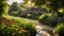 Placeholder: Beautiful realistic rural landscape, warm sunshine, lush plant growth, flowers, brook, peaceful, delightful, idyllic, cottage, award-winning photograph, detail, beautiful composition, attractive colour, chiaroscuro, rule of thirds