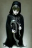 Placeholder: 7 year old boy, necromancer, friendly, looks dead,with a long lamprey emerging from his belly , wearing black robes, in the style of H.R. Giger