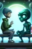 Placeholder: alien and a boy sitting on a bench. alien isshowing boy with his alien hand the universe that boy never saw with his human eyes. there are geometric stuff all around and some planet stuff. boy and alien are friends. realistic style, like photography.