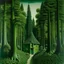 Placeholder: A green forest with a cottage designed in Maori sculptures painted by Rene Magritte
