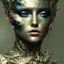 Placeholder: papercut 3d portrait of young woman, dark fantasy, beautiful, dark eyes, dark make up, streaks of paint, paint blobs and smears, paint powder, textured, silver, molten metalics, wild hair, high definition, octane render, 8k, backlit,