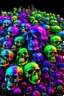 Placeholder: a field of 1000s of cartoonish, anatomically correct, skulls, vivid RANDOM BRIGHT neon colors, dark comedy, well lit, high detail, photorealistic, horrorcore, fun, scary, none featured, each a different color or hue,