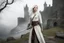 Placeholder: a high-resolution photograph featuring CiriW, She has pale skin, white hair, and a slender, athletic build with medium-sized breasts. She wears a white tunic, brown pants, and a leather belt with pouches, holding a sword. The background shows a ruined stone castle amidst a misty, overcast landscape with bare trees, creating a medieval fantasy setting.