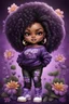 Placeholder: Create an airbrush illustration of chibi cartoon of a voluptuous black female wearing a purple army camouflage pants and a black off the shoulder sweater with timberland boots. Prominent make up with Hazel eyes with a smile . Extremely highly detail black shiny tight curly afro hair. Background of black and purple large flowers surrounding her.