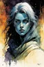 Placeholder: create in inkwash and watercolor the young female Ivrian from Ill met in lankhmar in the comic book art style of Mike Mignola, Bill Sienkiewicz and Jean Giraud Moebius, , highly detailed, finely lined facial features, grainy, gritty textures, foreboding, dramatic ethereal lighting