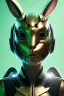 Placeholder: Portrait Sweet Rabbit ceramic mask, pop, green suit, cyberpunk, photo studio, black background, unreal engine 5, concept art, ray tracing, lumen lighting, ultra detail, volumetric lighting, 3d.