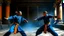 Placeholder: An image of two wushu fighters fighting in a black, orange, and blue color scheme in a unique, ancient setting.
