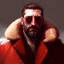 Placeholder: a young man with big muscles who looks like hans gruber wearing a heavy coat and red sunglasses staring with an angry look on his face