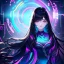Placeholder: girl, masterpiece, best quality, volumetric lighting, detailed outfit, perfect eyes, long hair, A woman with long black hair and purple eyes cooking in a cyberpunk kitchen with a neon blue glow, detailed environment, by Johannes Voss, surreal, vibrant colors, hyperrealistic, dramatic lighting, trending on Artstation, cinematic composition.