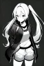 Placeholder: blonde girl with ponytails dressed in a jacket and shorts walks proudly, greyscale