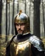 Placeholder: Potrait shot, Medieval knight, helmet, action pose, wearing a golden crown, forest at background, oil painting style