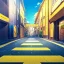 Placeholder: yellow brick road, road signs, arrows, direction, anime girl walking, detail on the girl