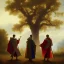 Placeholder: Three men in long hooded robes striding towards a tent in the shade of oak trees at afternoon