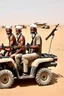 Placeholder: make a picture of 3 poor looking black men in a desert. they are in afghanistan. behind them is a raided village they are holding rifles. they look very very dangerous and have long white beards. they have ak47 rifles. They are sitting on an atv driving to the right