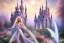 Placeholder: castle in background, beautiful, soft, big smiling, straight and long blonde hair, blues eyes, dewy and shiny atmosphere, diamond crown, long fairy wings in the back, full head, pink veil clothes