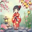 Placeholder: Create a book cover for Cozy Japan Coloring Book featuring a charming Japanese girl in a vibrant, floral yukata as the central figure. She is surrounded by cozy, peaceful elements of traditional Japanese scenery—such as falling cherry blossoms, a small stone lantern, bamboo groves, and paper lanterns softly glowing above her. The setting is tranquil and colorful, evoking a warm, inviting atmosphere of everyday Japanese charm. Illustration in vivid color style with delicate textures, soft lightin