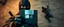 Placeholder: close up on guard holding up a diskette in front of a professional ninja thief climbing a wall during lightening,