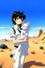 Placeholder: Meryl Stryfe Trigun young girl short black hair anime white clothes standing in the desert with a cat in her arms