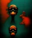 Placeholder: broken realistic skull. black background. smoke and explode. particles in air. teal and orange. abstract. beksinski.