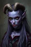 Placeholder: Masterpiece, hyper-realistic, extremely detailed, High-quality, high-resolution, Tiefling, woman, skin is Deep purple, horns Graceful, spiraling horns that curve backward and are adorned with delicate chains of silver and tiny dangling charms shaped like moons and stars, eyes amber no pupils, clothes flowing garments in deep shades of burgundy, black, and silver, embroidered with patterns of masks and stars. hair Long, silken hair in a dark lavender hue