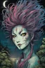 Placeholder: full color 3/4 profile portrait of a haggard and malevolent Harionago yokai "Barbed Woman" with wild, highly detailed hair and slim, narrow facial features, in a haunted Chaniwa garden, pierced by shafts of moonlight , art in the style of Alex Pardee, spirited away, studio ghibli, , 8k , finely detailed and precise line work, soft gauzy pastel colors