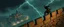 Placeholder: d&d professional ninja thief climbing a wall during lightening, seen from top of castle wall