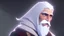 Placeholder: white beard hooded sorcerer raised staff before the castle