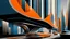 Placeholder: (hustle and bustle:55), loop kick, (deconstruct:28), retro futurism style, urban canyon, centered, great verticals, great parallels, hard edge, colors of metallic orange and metallic steel blue