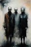 Placeholder: painting of a two men and woman standing next to each other in the fog, eric lacombe, style of dave mckean, francis bacon and agnes cecile, inspired by Dave McKean, rafaelle monti and beksinski, two figures, dave mckean and stina persson, by Dave McKean, inspired by Dorothea Tanning, by Caro Niederer