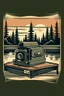 Placeholder: A classic Polaroid camera rests open on a wooden dock, overlooking a misty lake at dawn. AND WORDS\" ZOOM _NATURE \"IN WHIT LETTERS.THE BACK. Lush pine trees line the shore, with a lone loon calling out in the distance. Style: Vintage, Mood: Tranquil, Lighting: Soft, cool morning light, T-shirt design graphic, vector, contour, white background.