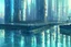 Placeholder: Sunny day, cyberpunk buildings, water reflections, sci-fi, concept art, tendency to impressionism, realistic painting