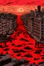 Placeholder: a big City, red and black figure appears in the sky with many dead bodies of children on the ground