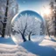 Placeholder: Beautiful frozen bubble. Fractals and ice crystals is frosen in the bubble. snowy landscabe witht trees topped with snow