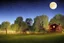 Placeholder: Dry trees, night, full moon, cabin, yard with flowers, fence, background pc