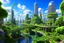 Placeholder: A futuristic alien city, with balconies, verandas, many arches, bridges, spires, paths, trees, dense foliage, Spanish moss, ivy, river, blue sky, white clouds