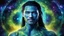 Placeholder: beautiful gorgeous young man na'vi with long hair, Avatar, blue skin, two small ears, green eyes, black hair, in cosmic suit, galactic ambiance, medium pointy goatee , smiling, nebulas and sacred geometry light figures on the backgroud,