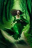 Placeholder: a beautiful woman, in a green velvet dress with a sheath, running down a wooded road, while death chases her and tries to suck her into hell