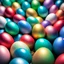 Placeholder: digital photograph of off-center modern basket colorful Easter eggs. eggs display intricate textures in azure, emerald, blush,red, crimson,gold, sapphire,metallic cinematic HDR backlighting highlights subtle dimples and glossy reflections, with shallow depth of field softening the sunlit background. hyperrealistic 8k resolution,
