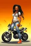 Placeholder: Create a digital airbrush cartoon of a curvy African American female wearing tight white jeans and a off the shoulder orange blouse. She is also wearing timberland boots. Prominent make up with hazel eyes. Highly detailed very long extremely dread locs black hair. Her skin is smooth and silky. Background of a track of ATV riders.