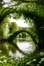 Placeholder: A picturesque arch made of intertwined wooden branches adorned with white and green flowers stands by a serene riverside with A bridge between tree arches , surrounded by lush, leafy trees under soft, diffused sunlight.