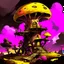 Placeholder: A fantabulous black, yellow, and pink (((mushroom tower house))) erected atop a (geologic pillar), surrounded by the uncanny imaginative ((( swirling skies))), offset by the stark hues of a (neon-tinged nebulous space scape), within. captured by the hand a skilled master painter with a focus on (softly blurred compositions and voluminous lighting).