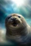 Placeholder: fluffy clouds, portrait of seal soaring like an angel through the clouds with a blessed smile, 4 k, down light, depth of field, trending art, spray paint, high detail