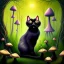 Placeholder: Black cat sitting, mushrooms in a psychedelic forest