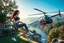 Placeholder: very beautiful lady with beautiful sports pant and top and sports shoes with curvy hair with a nice helicopter flying in a nice villa yard with trees flowers ,in country side in floor of beautiful mountains ,sea with ships ,water falls ,